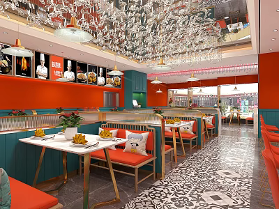 Vibrant Restaurant Interior With Orange Walls Red Seats White Tables And Crystal Chandeliers 3d model