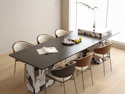 Modern Table And Chair Set With Open Book Fruit Tray And Bright Window View 3d model