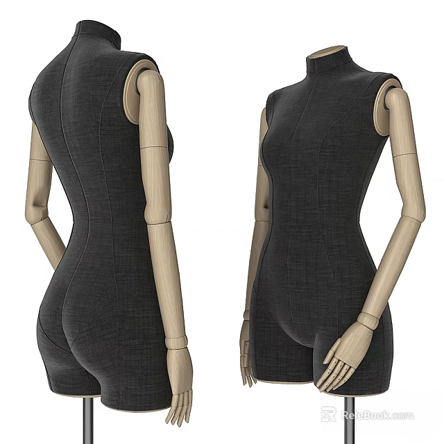 Dark Sleeveless Jumpsuit Wearing Wooden Mannequin Front And Back View 3d model 