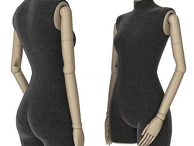 Dark Sleeveless Jumpsuit Wearing Wooden Mannequin Front And Back View 3d model