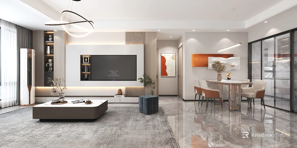 Modern Living Dining Room Interior Design With TV Wall Coffee Table And Dining Chairs 3d model 