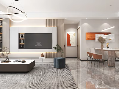 Modern Living Dining Room Interior Design With TV Wall Coffee Table And Dining Chairs 3d model