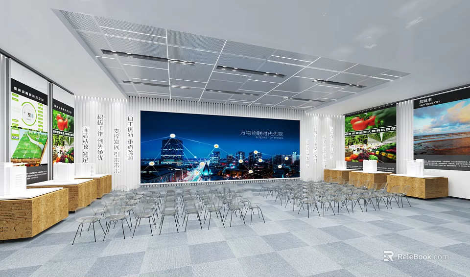 Modern Conference Hall With Rows Of Chairs Large Screen Exhibition Boards And Reception Counters 3d model 