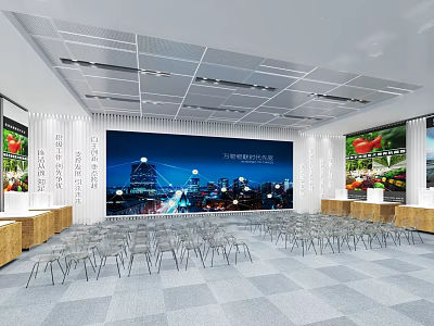 Modern Conference Hall With Rows Of Chairs Large Screen Exhibition Boards And Reception Counters 3d model
