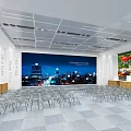 Modern Conference Hall With Rows Of Chairs Large Screen Exhibition Boards And Reception Counters
