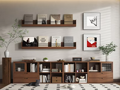 Wooden TV Stand with Storage Shelves Books Artwork Green Plant and Cat 3d model