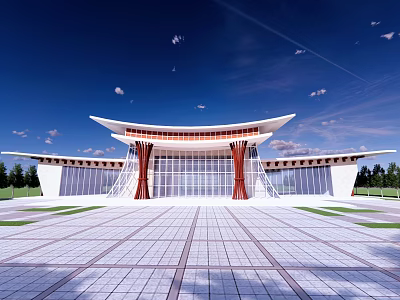 Modern Tourist Center With Glass Facade And Unique Roof Design In Spacious Front Plaza 3d model