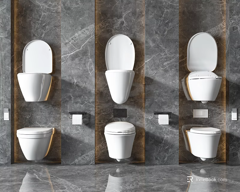 Modern Wall Mounted Toilets in Various Designs Against Grey Marble Wall Background 3d model 