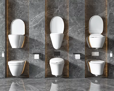 Modern Wall Mounted Toilets in Various Designs Against Grey Marble Wall Background 3d model