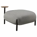 Stylish Gray Upholstered Stool Design With Black Metal Legs And Round Wooden Side Table