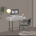 Modern White Desk Setup with Monitor Table Lamp Stuffed Mouse Toy and Grey Chair