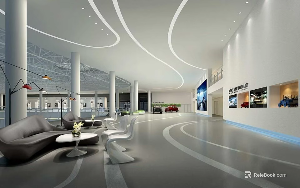 Modern Exhibition Hall Interior With Grey Sofa Round Tables Lighting And Display Walls 3d model 