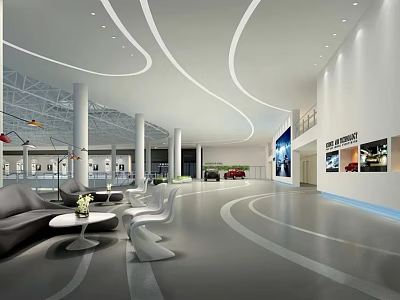 Modern Exhibition Hall Interior With Grey Sofa Round Tables Lighting And Display Walls 3d model