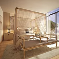 Serene Bedroom with Canopy Curtains Wooden Elements Natural Light and Soft Tones
