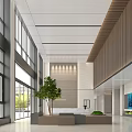 Modern Minimalist Office Lobby Reception With White Marble Counter Wooden Grille Decor And Indoor Greenery