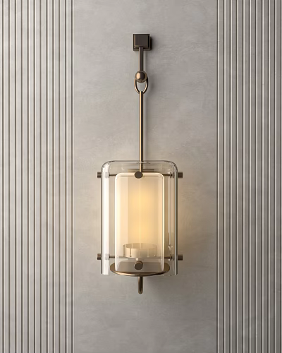 Modern Wall Sconce with Transparent Glass Shade and Brass Metal Frame on Vertical Stripe Wall 3d model