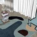 Light Blue Accent Chair with Colorful Shaped Rug Wooden Floor Stacked Books and White Curtains