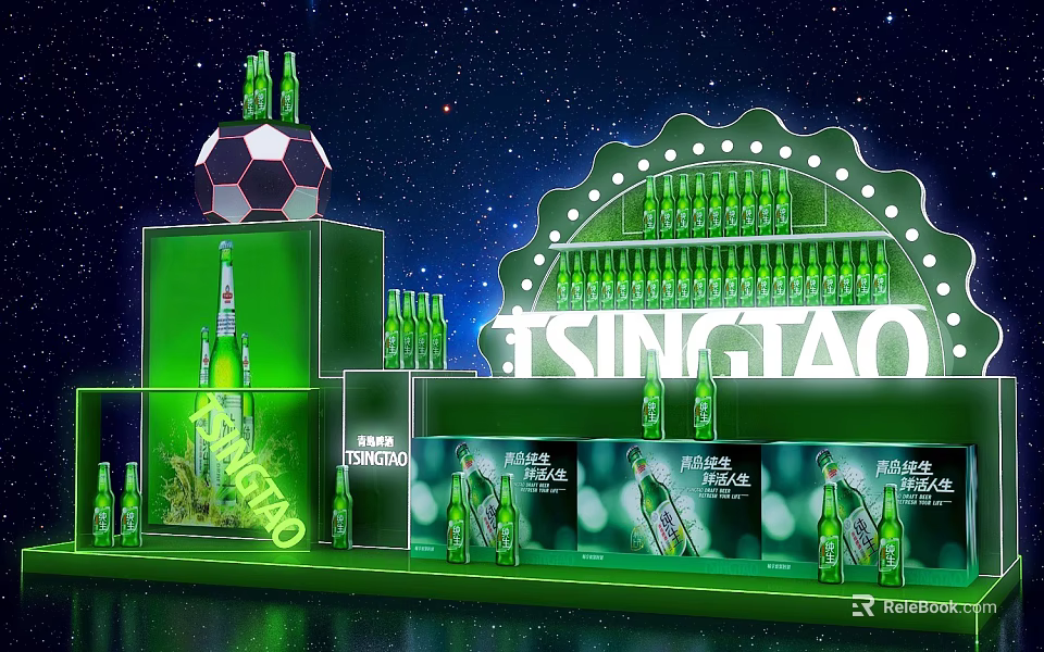 Tsingtao Photo Check in Spot With Green Beer Bottles Soccer Decoration And Starry Background Lighting 3d model 