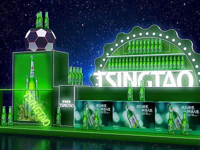 Tsingtao Photo Check in Spot With Green Beer Bottles Soccer Decoration And Starry Background Lighting 3d model