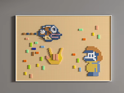 Lego Bricks Wall Art Featuring Airplane Yellow Structure And Cartoon Character With Colorful Bricks 3d model