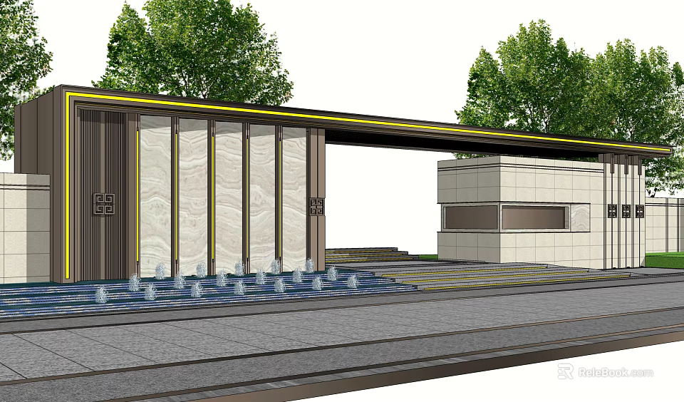 Modern Entrance Gate Architectural Design With Marble Walls Fountains And Trees 3d model 