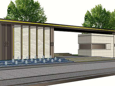 Modern Entrance Gate Architectural Design With Marble Walls Fountains And Trees 3d model