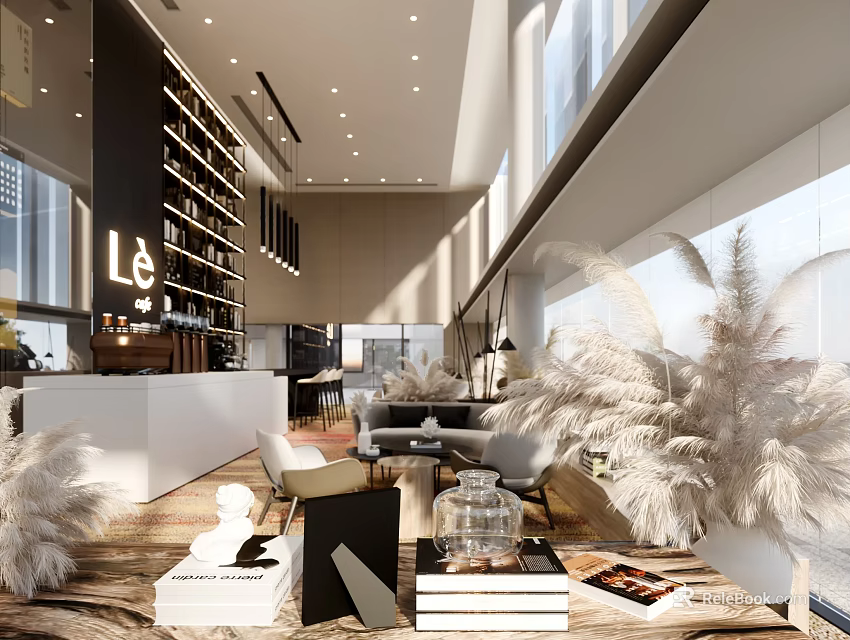 Modern Café Interior With Large Windows Open Space Bookshelves Cozy Sofa Seating And Pampas Grass Plants 3d model 