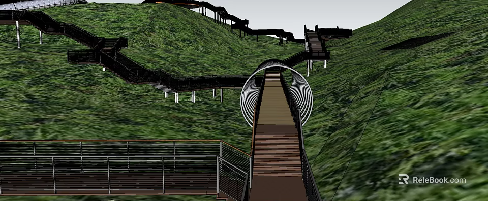 Scenic Garden Landscape With Green Hillside Winding Pathway Staircase And Arched Structure 3d model 