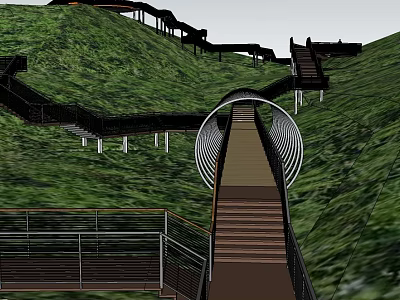 Scenic Garden Landscape With Green Hillside Winding Pathway Staircase And Arched Structure 3d model