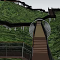 Scenic Garden Landscape With Green Hillside Winding Pathway Staircase And Arched Structure