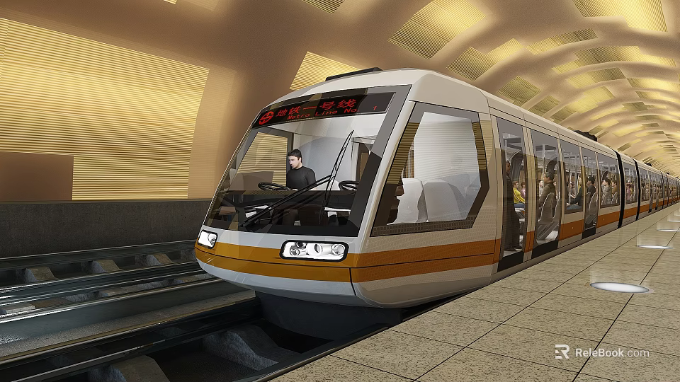 Modern Metro Station Platform With White Orange Train And Yellow Ceiling Lighting Design 3d model 