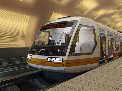 Modern Metro Station Platform With White Orange Train And Yellow Ceiling Lighting Design 3d model