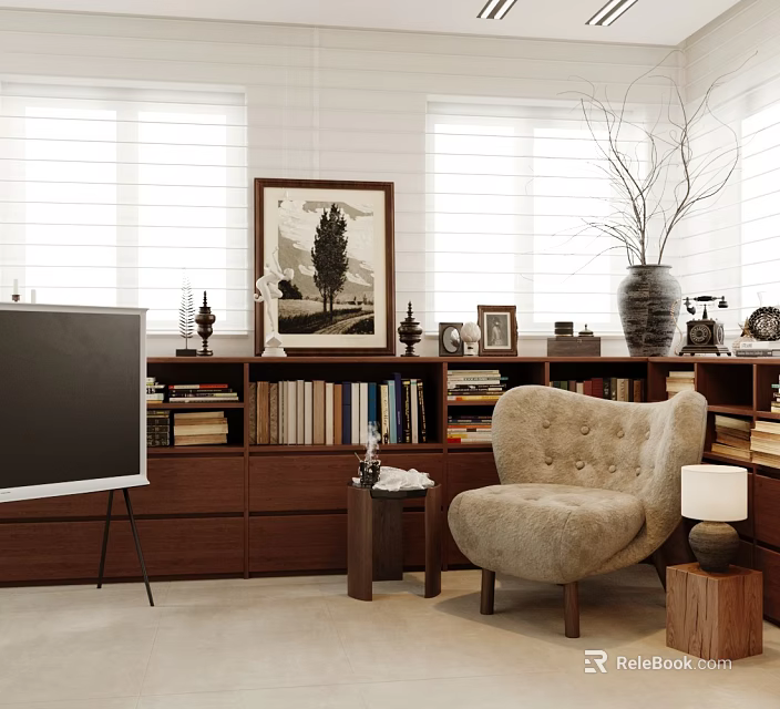 Cozy Modern Study Room Interior With Bookshelves Armchair Artwork And Table Lamp 3d model 