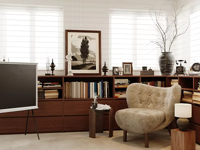 Cozy Modern Study Room Interior With Bookshelves Armchair Artwork And Table Lamp 3d model