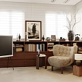 Cozy Modern Study Room Interior With Bookshelves Armchair Artwork And Table Lamp