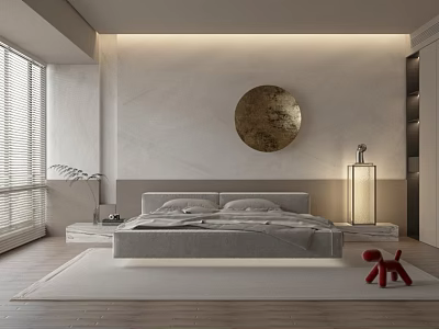 Modern Bedroom Interior With Bed Circular Golden Wall Art Floor Lamp And Window Blinds 3d model