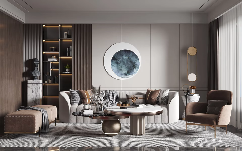 Modern Living Room Wall Decor Featuring Circular Blue Abstract Painting And Sofa Setup 3d model 