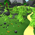 Garden Landscape With Mountains Green Meadows Palm Trees Pine Trees Yellow Flowers Stream And Rocks
