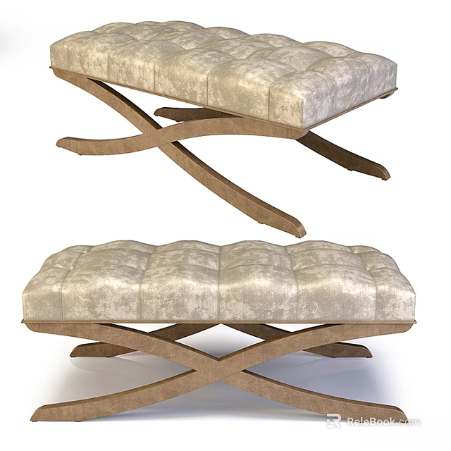 Modern Tufted Ottoman With Crossed Wooden Legs Neutral Beige Upholstery 3d model 