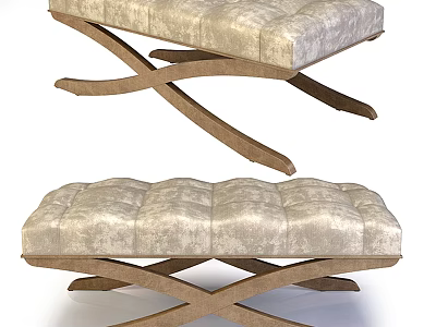 Modern Tufted Ottoman With Crossed Wooden Legs Neutral Beige Upholstery 3d model