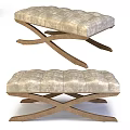 Modern Tufted Ottoman With Crossed Wooden Legs Neutral Beige Upholstery