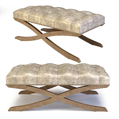Modern Tufted Ottoman With Crossed Wooden Legs Neutral Beige Upholstery 3d model