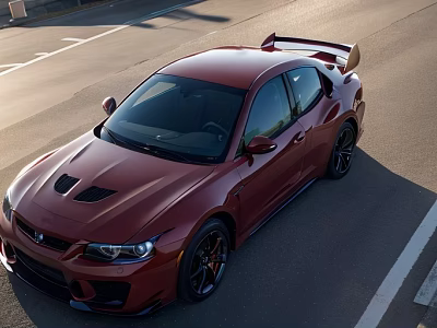 Red Sports Car With Hood Vents Rear Spoiler And Black Wheels On Road 3d model