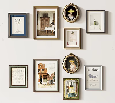 Diverse Framed Art Collection On White Wall With Various Styles And Themes 3d model
