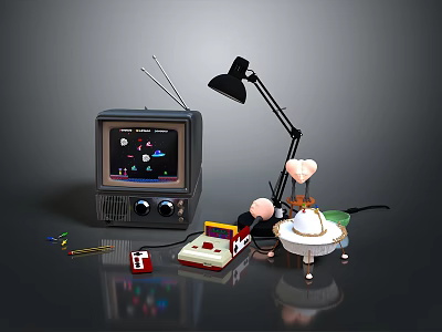 Vintage Computer Display With Antenna Black Desk Lamp And Miniature Toys 3d model