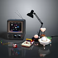 Vintage Computer Display With Antenna Black Desk Lamp And Miniature Toys