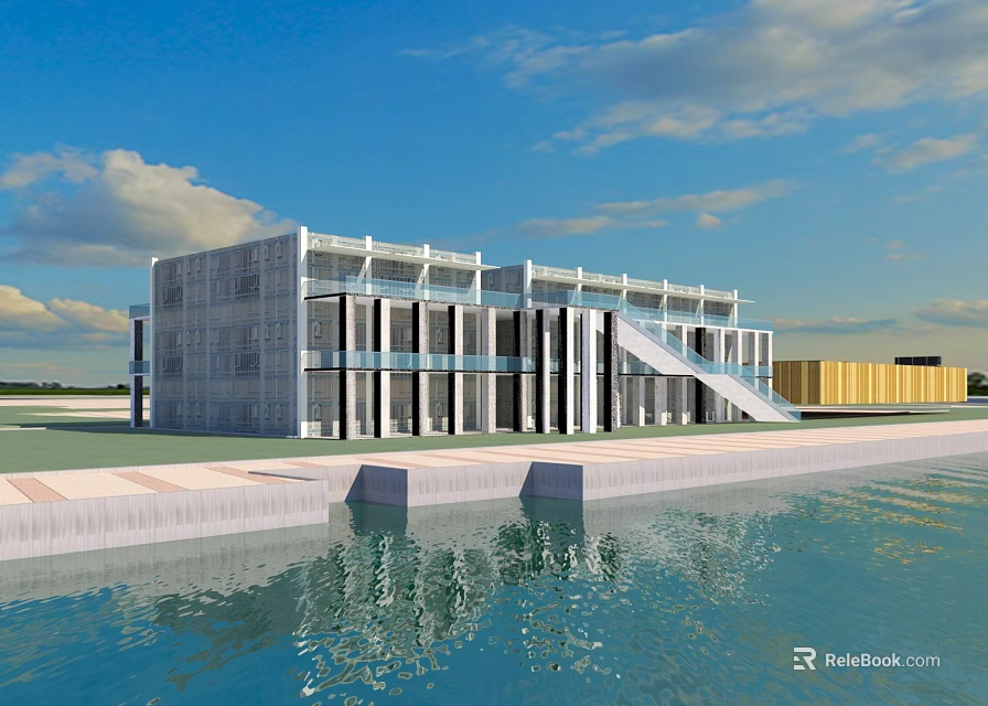 Modern Office Building With Glass Curtain Wall And Waterfront Reflection Under Blue Sky 3d model 