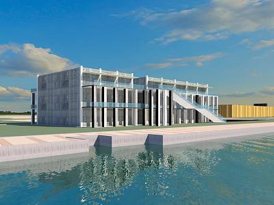 Modern Office Building With Glass Curtain Wall And Waterfront Reflection Under Blue Sky 3d model