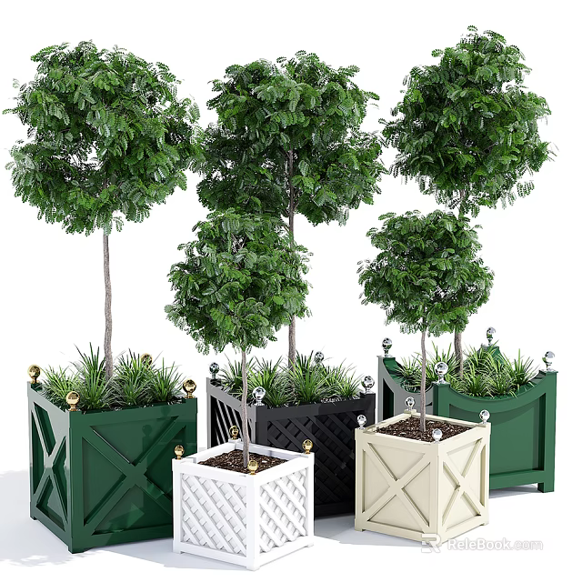 Colorful Cross Patterned Garden Planters With Green Trees And Small Plants 3d model 