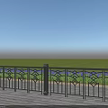 Black Decorative Pattern Fence On Wooden Deck With Purple Flowers Green Grassland Blue Sky